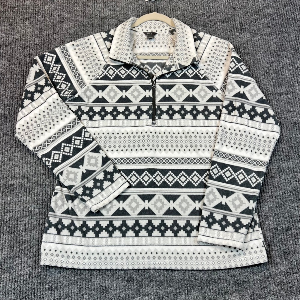 Eddie Bauer Pullover Fleece Polyester Geometric Fair Isle Gray White Gorpcore L